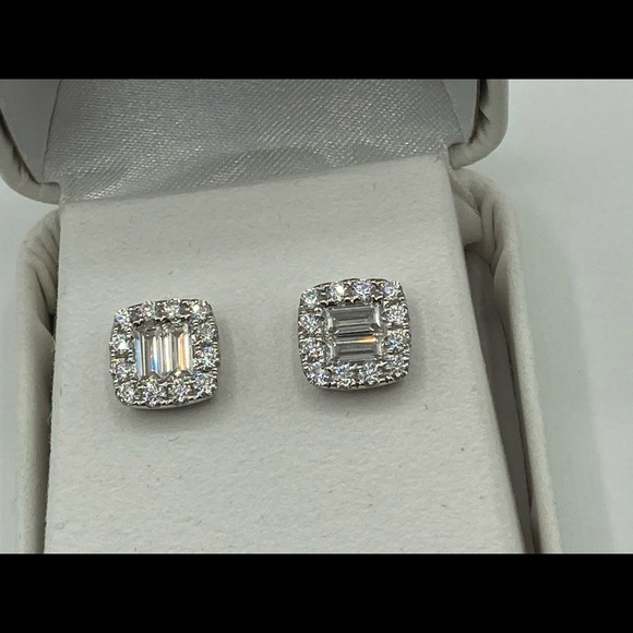 Silver Moissanite Earrings Micro Pave Emerald Cut 9.7 mm 11 ct - Picture 3 of 7